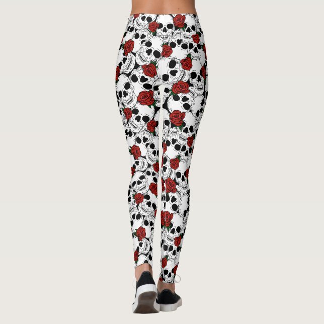 Psychobilly Skulls and Red Roses Patterned Leggings (Back)