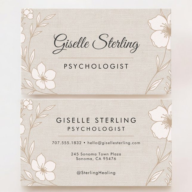 Psychologist Botanical Floral Linen Business Card (Creator Uploaded)