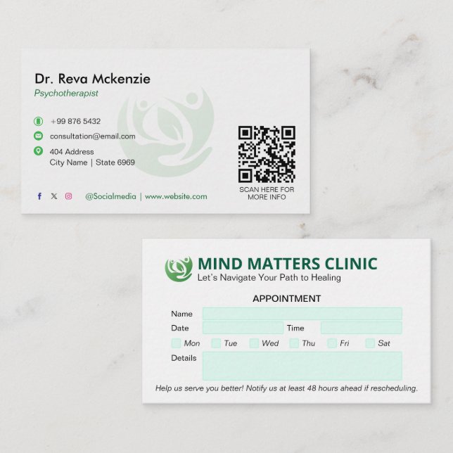 Psychologist Clinic Business | Modern Appointment Business Card (Front/Back)
