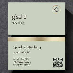 Psychologist Counselor Sage Green Gold QR Code Business Card