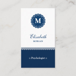 Psychologist Elegant Blue Lace Monogram Business Card