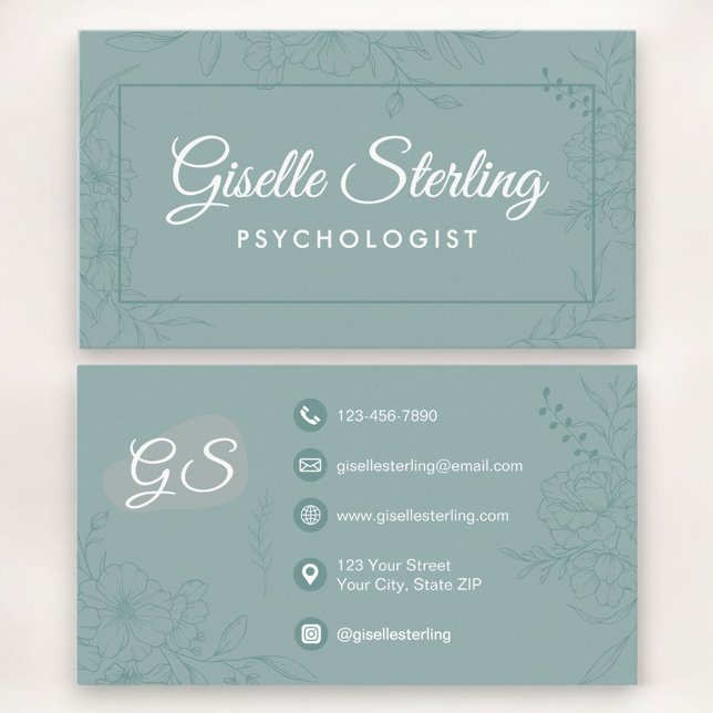 Psychologist Floral Botanical Teal Green Business Card (Creator Uploaded)