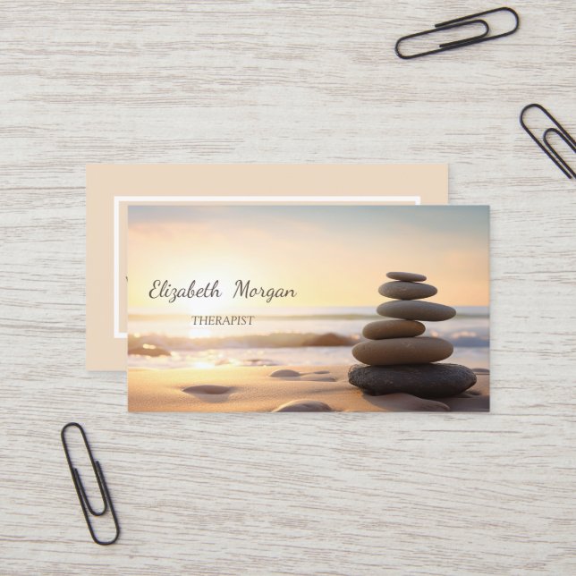 Psychologist Therapist Zen Stones Sunset  Business Card (Front/Back In Situ)