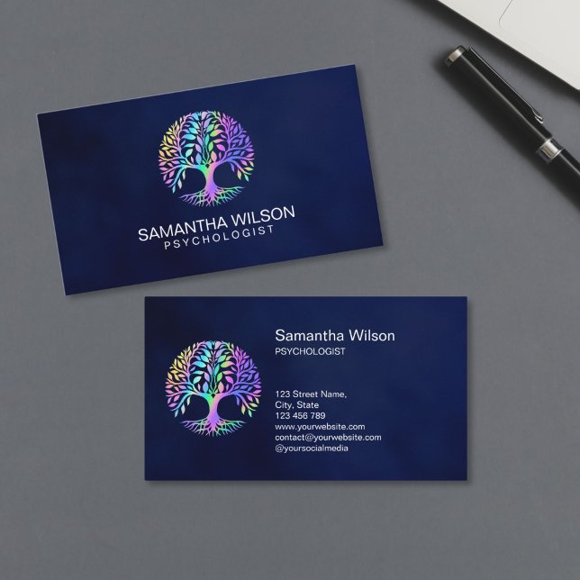 Psychologist Therapy Counsellor Psychiatrist Brain Business Card (holographic brain tree logo)