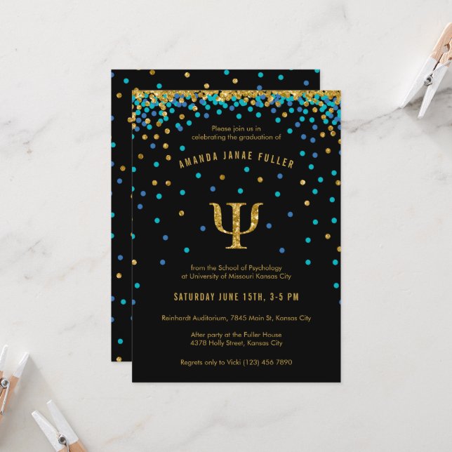 Psychology Graduation Invitation Blue & Gold Psi (Front/Back In Situ)