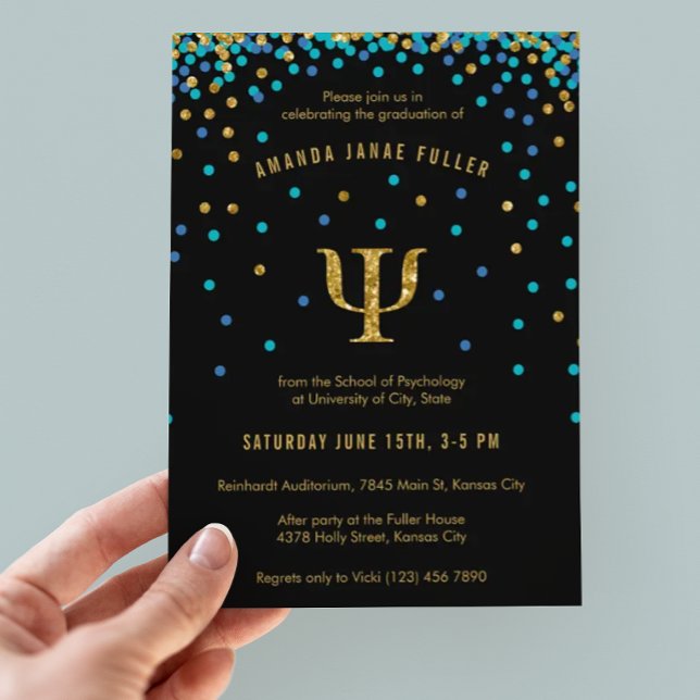 Psychology Graduation Invitation Blue & Gold Psi (Creator Uploaded)
