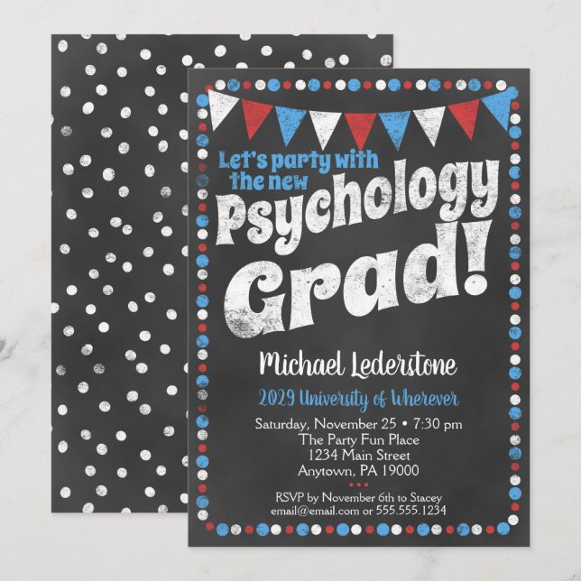 Psychology Graduation Party Invitation Red Blue (Front/Back)