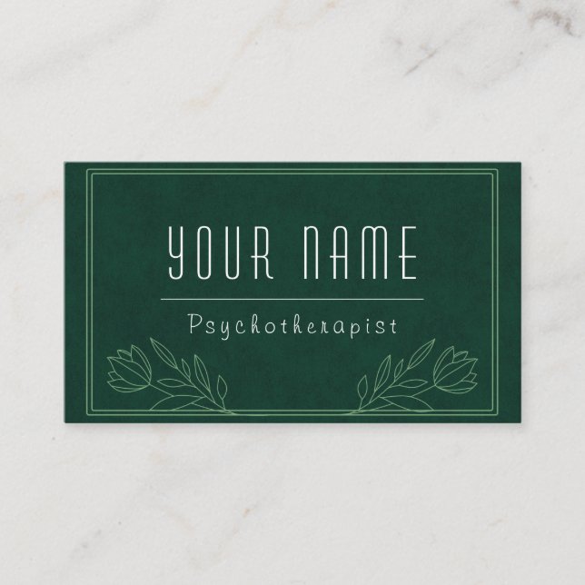 Psychotherapist Dark Green Nature Greenery Calm Business Card (Front)