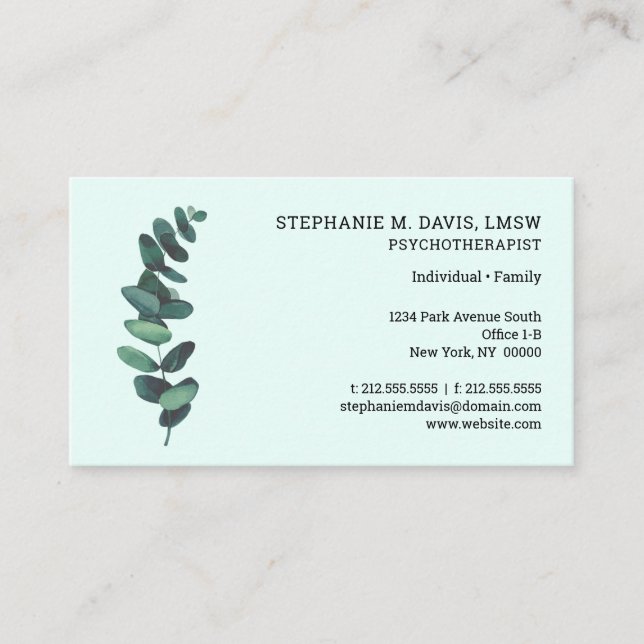 Psychotherapist Eucalyptus Green Business Card (Front)