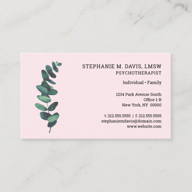 Psychotherapist Eucalyptus Pink Business Card (Front)