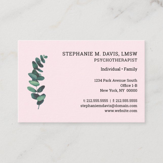Psychotherapist Eucalyptus Pink Euro Business Card (Front)