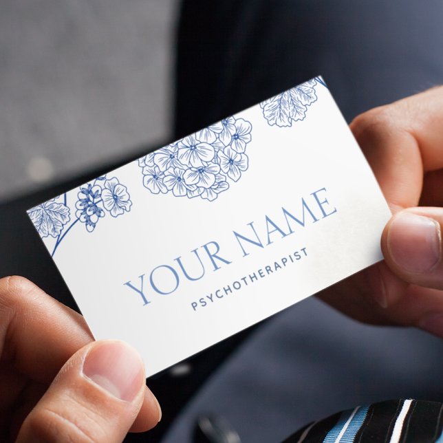 Psychotherapist Family Counselor Drawn Floral Blue Business Card (Creator Uploaded)