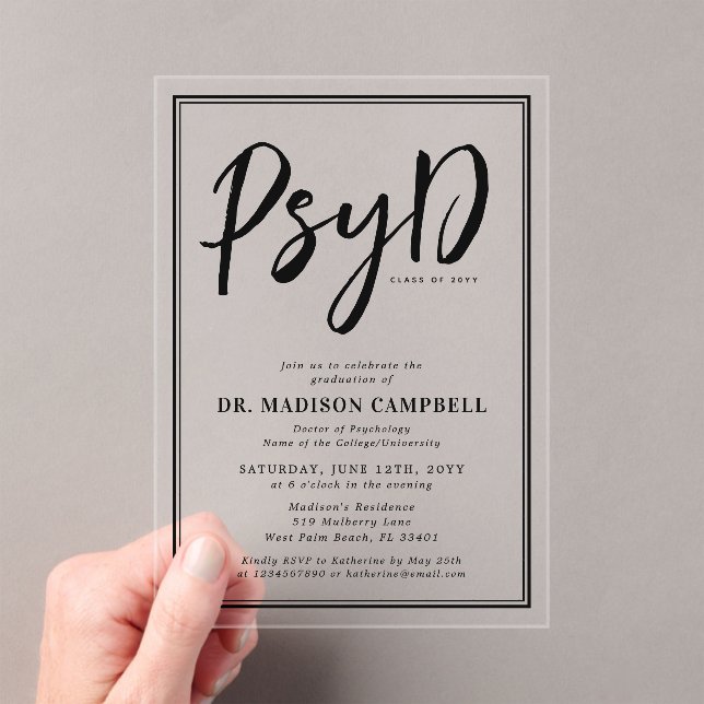 PsyD Doctor Of Psychology Graduation Party Acrylic Invitations (Insitu (Handheld))