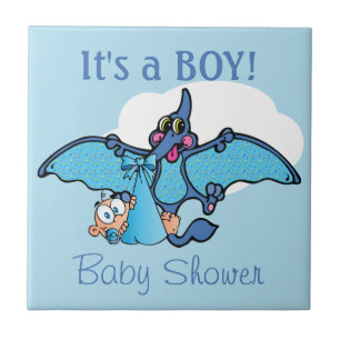 Pterodactyl Dinosaur It's a Boy Baby Shower Tile