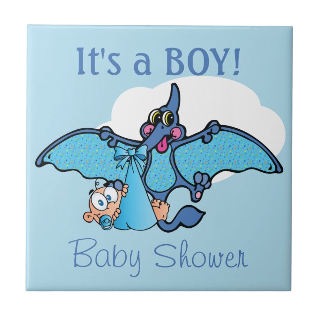 Pterodactyl Dinosaur It's a Boy Baby Shower Tile (Front)