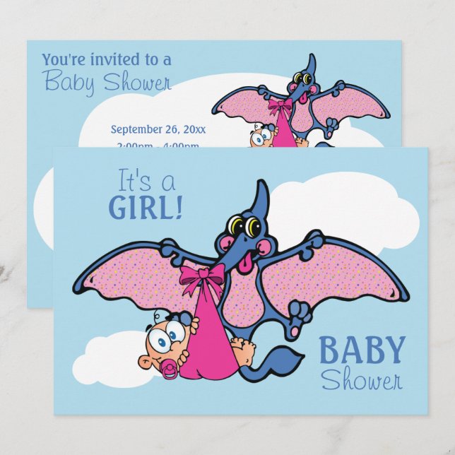 Pterodactyl Dinosaur It's a Girl Baby Shower Invitation (Front/Back)