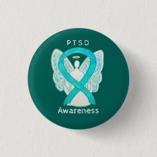 PTSD Awareness Ribbon Teal Angel Custom Art Pins