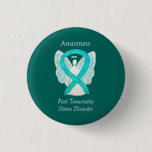 PTSD Awareness Ribbon Teal Angel Custom Art Pins