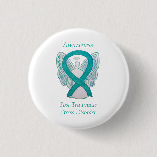 PTSD Awareness Ribbon Teal Angel Custom Art Pins