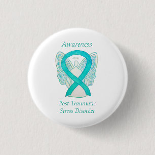 PTSD Awareness Ribbon Teal Angel Custom Art Pins