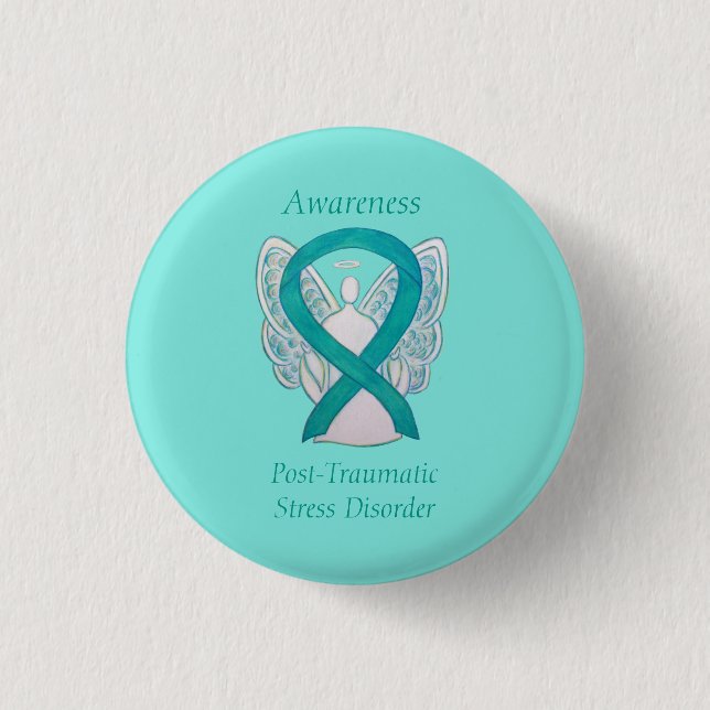 PTSD Awareness Ribbon Teal Angel Custom Art Pins (Front)