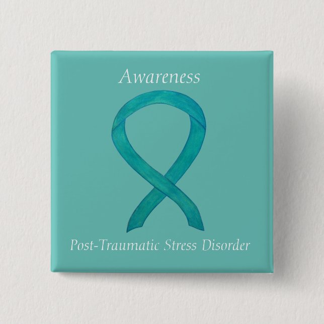 PTSD Awareness Ribbon Teal Custom Art Pins (Front)