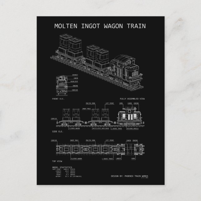 PTW Molten Ingot Train "Blueprint" Postcard (Front)