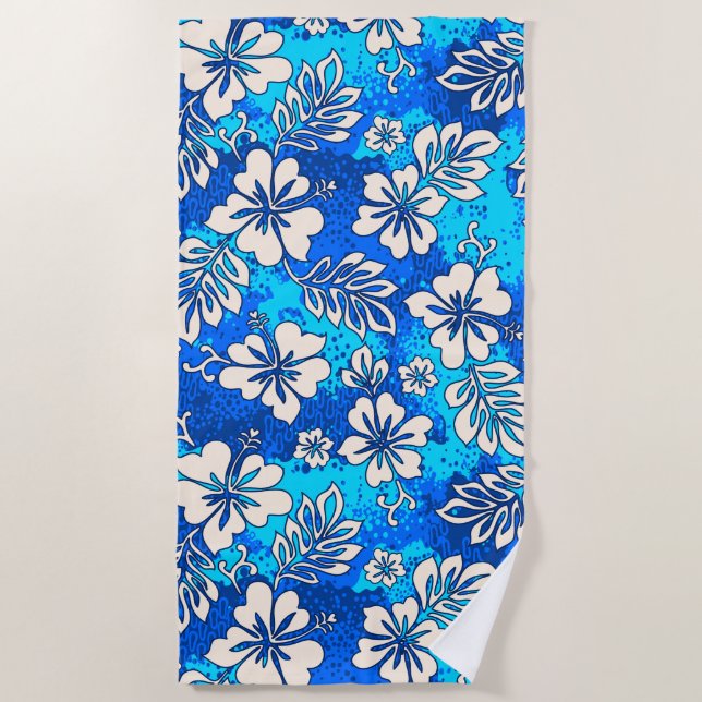 Pua Aloha Hawaiian Heart Shaped Hibiscus Blue Beach Towel (Front)