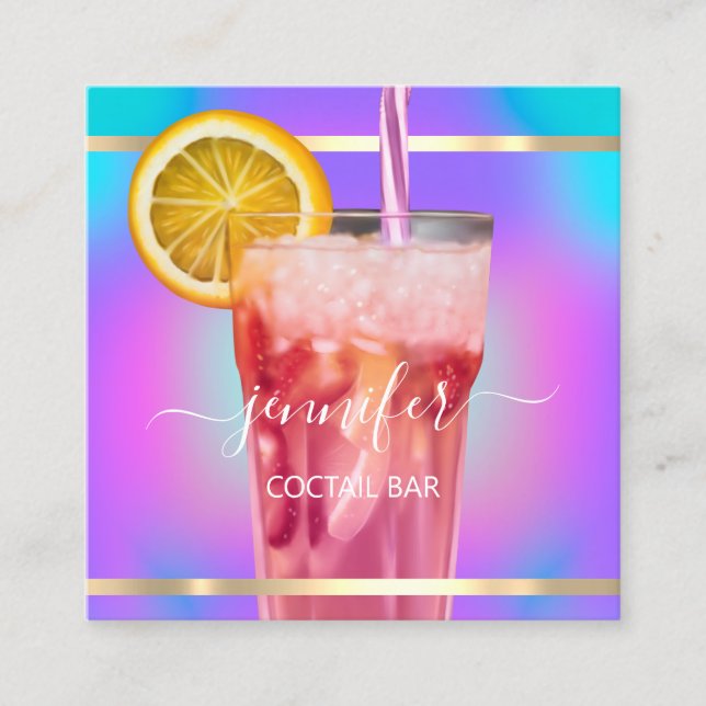 Pub Cocktail Wine Bar Drink Pink Aqua Strawberry  Square Business Card (Front)
