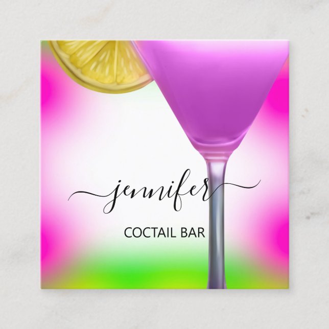Pub Coctail Bar Drink Pink Violet Lemon Yellow Square Business Card (Front)