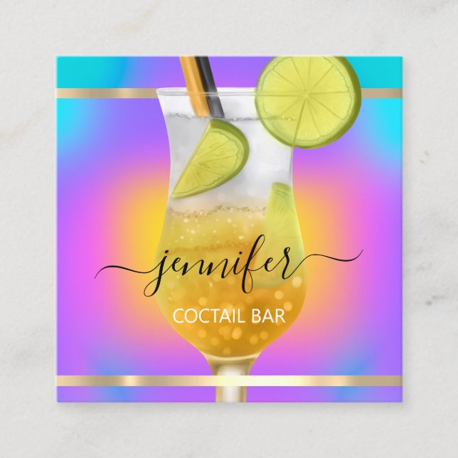 Pub Coctail Wine Bar Drink Pink Holographic Square Business Card (Front)
