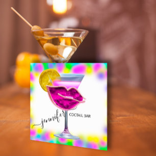 Pub Drinks Bar Restaurant Coctail Logo Pink QRCODE Square Business Card