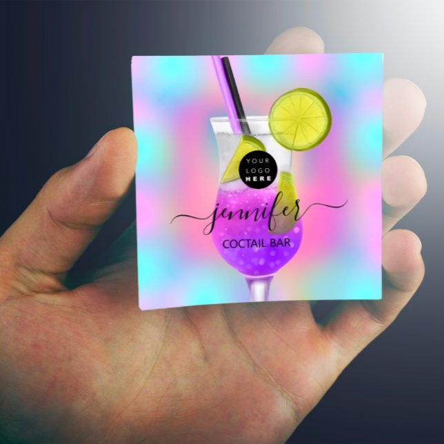 Pub Drinks Bar Restaurant Logo Holograph Pink Glas Square Business Card (Creator Uploaded)