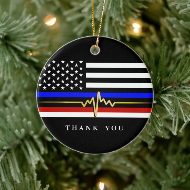 Public Service Trifecta Flag | Patriotic Flag Ceramic Tree Decoration (Tree)