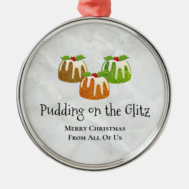 PUDDING ON THE GLITZ Novelty | Christmas Metal Tree Decoration (Front)