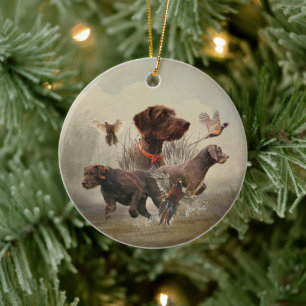 Pudelpointers, Hunting pheasant    Ceramic Tree Decoration
