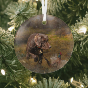 Pudelpointers, Hunting pheasant   Glass Tree Decoration