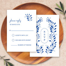 Puebla Style Blue Mexican Wedding RSVP Card