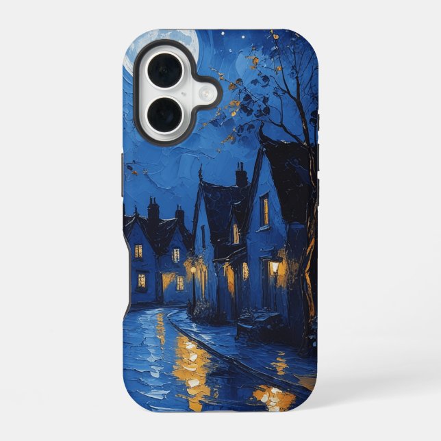 Pueblo de noche con luces y faroles iPhone 16 case (Back)