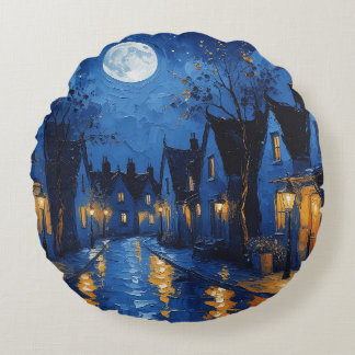 Pueblo de noche con luces y faroles round cushion