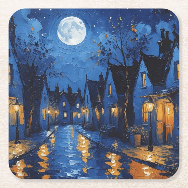 Pueblo de noche con luces y faroles square paper coaster (Front)