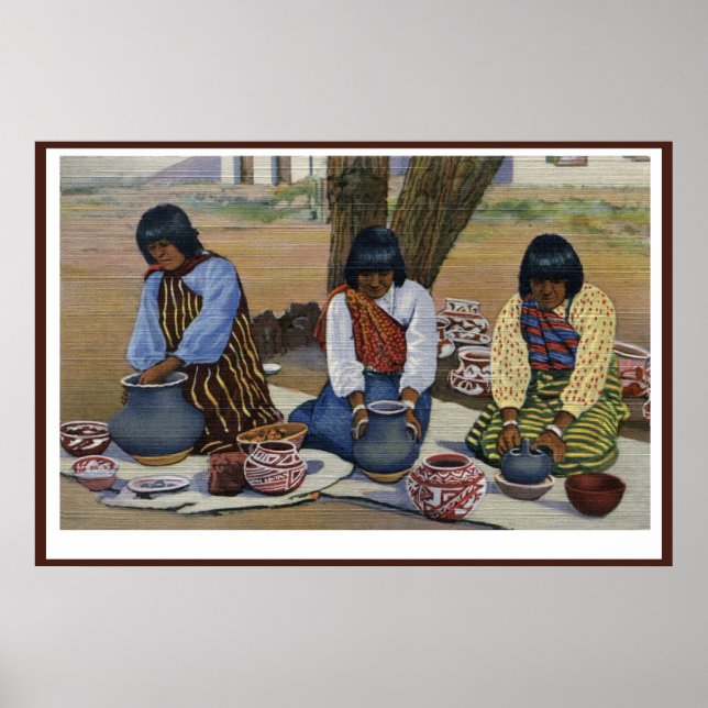 Pueblo Indian women making ceramic pots poster (Front)