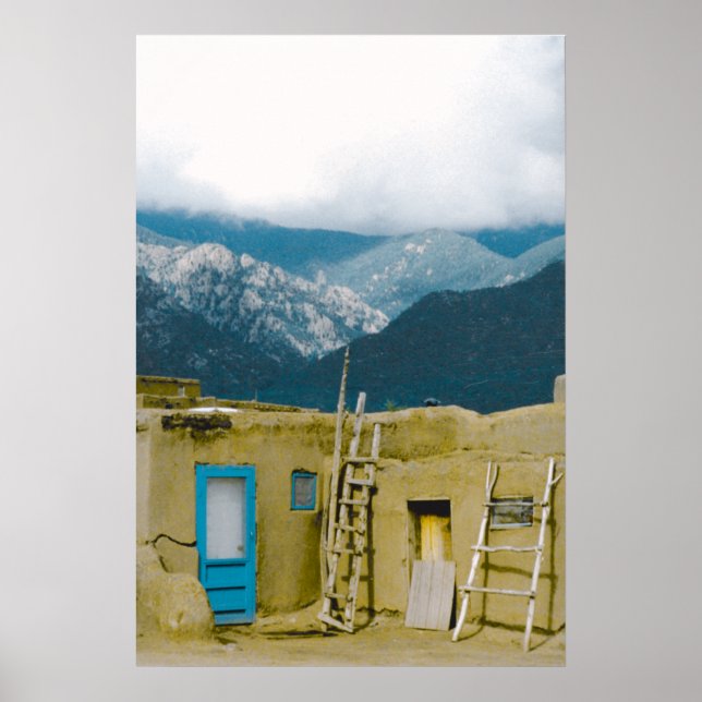 Pueblo Taos & Mountains Poster (Front)