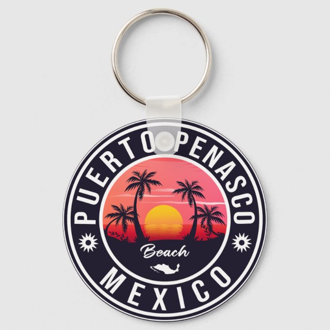 Puerto Peñasco Mexico Beach Navy Retro Sunset Key Ring (Front)