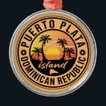 Puerto Plata Dominican Republic Metal Tree Decoration<br><div class="desc">A uniquely retro mid-century modern Puerto Plata Dominican Republic art print in vintage travel poster style. It features a curved palm tree on sandy beach with ocean under a blue cloudy sky.</div>
