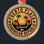 Puerto Plata Dominican Republic Metal Tree Decoration<br><div class="desc">A uniquely retro mid-century modern Puerto Plata Dominican Republic art print in vintage travel poster style. It features a curved palm tree on sandy beach with ocean under a blue cloudy sky.</div>