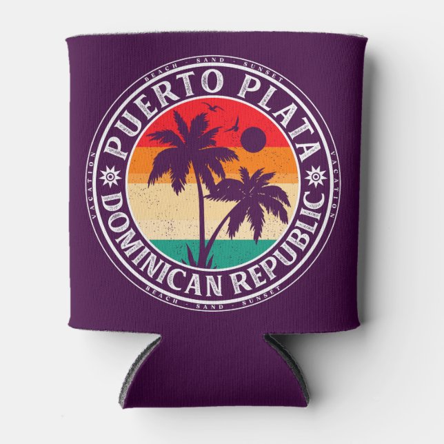 Puerto Plata Dominican Republic Retro Palm Trees Can Cooler (Front)