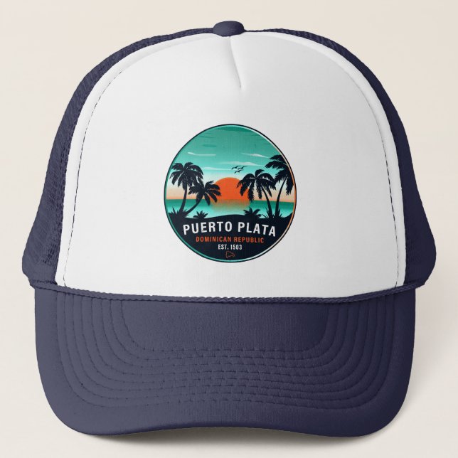 Puerto Plata Dominican Retro Sunset Souvenir 60s Trucker Hat (Front)