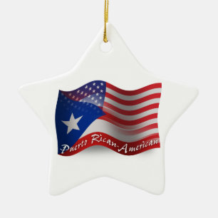 Puerto Rican-American Waving Flag Ceramic Tree Decoration