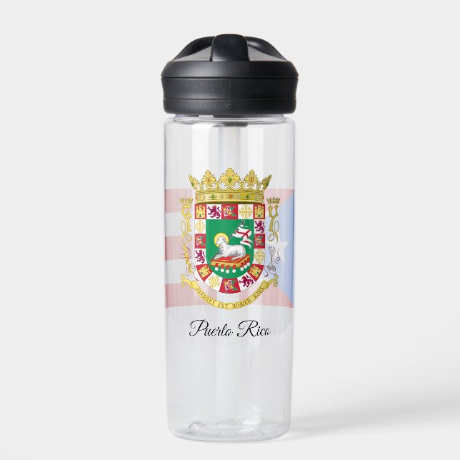 Puerto Rican Coat of Arms, Flag, Puerto Rico Water Bottle (Front)